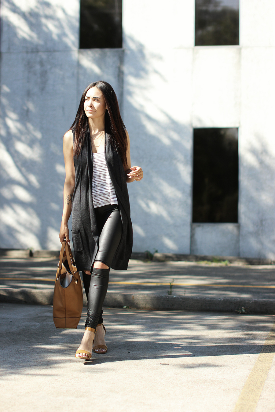 FTT-LEATHER-LOOK-LEGGINGS-VEST-STRIPED-SHIRT-SANDALS