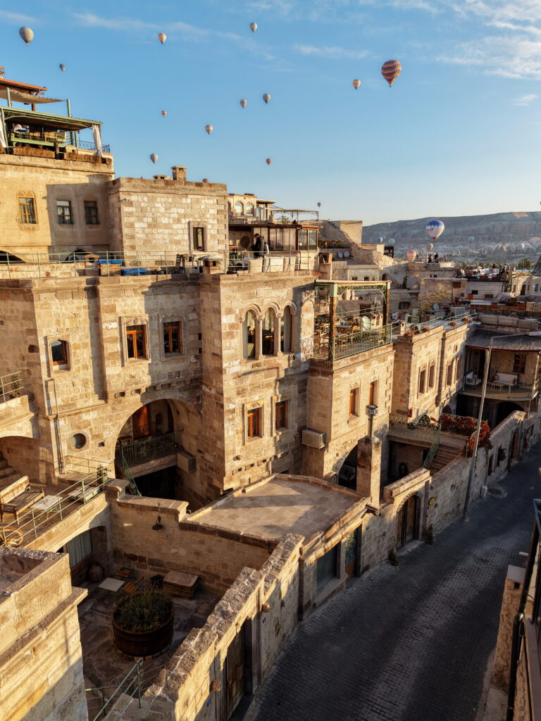 Drone shot of Terra Cave Hotel in Cappadocia Turkey